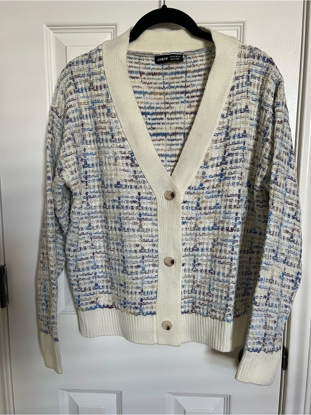 Cream Multicolor Textured V-Neck Cardigan Sweater